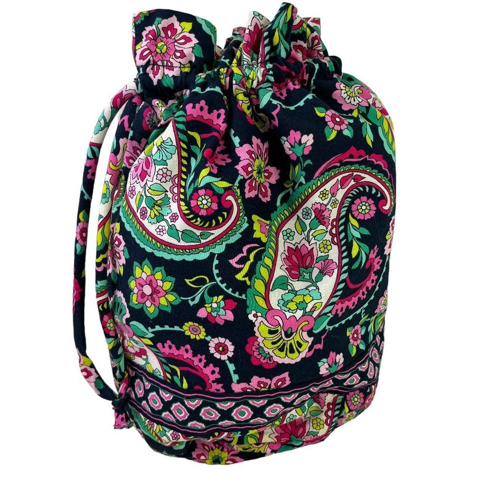 Vera Bradley Petal Paisley Drawstring Lunch Tote Bag Purse Navy Blue Pink Green